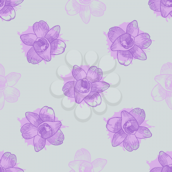 Vintage floral seamless pattern with hand drawn lilac orchids. Vector illustration