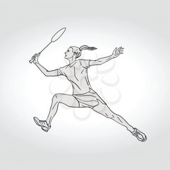 Female Badminton player. Black and white badminton player. Hand drawn vector illustration.