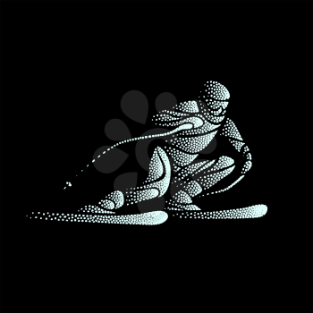 Ski downhill. Creative curly silhouette of the skier. Giant Slalom Ski Racer. Vector stippled stylizes illustration on black background