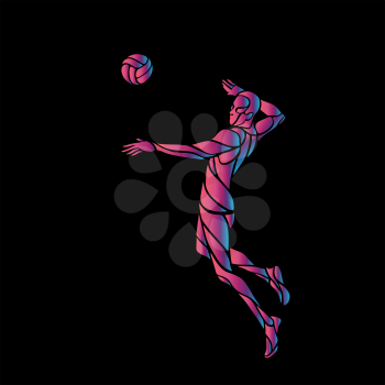 Volleyball player attacking the ball - neon vector silhouette on black background. Modern simple volleyball logo. Eps 8