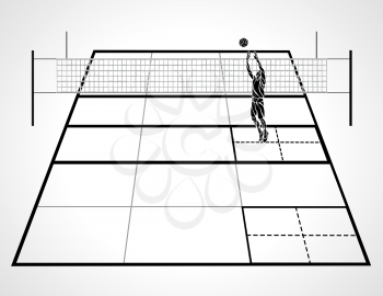 Detailed illustration of a volleyball court with perspective, setter player and ball, black and white eps8 vector