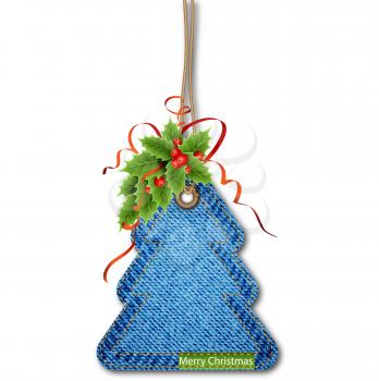 Greeting card with the Christmas tree on the denim texture