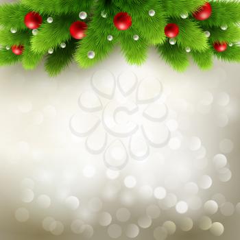 Winter background with green pine branch and baubles. Christmas  tree decoration. Vector illustration.
