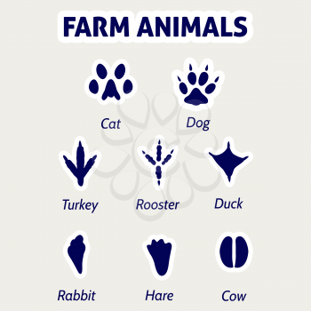Farm animals footprint stickers on white background. Vector illustration