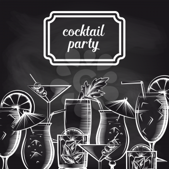 Cocktail party chalkboard background with hand drawn drinks vector