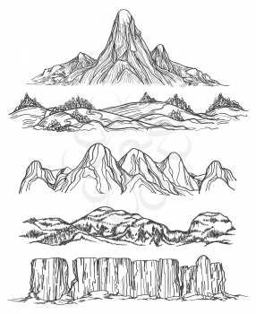 Hand drawn mountains and hills. Doodle mountains landscape set. Vector illustration