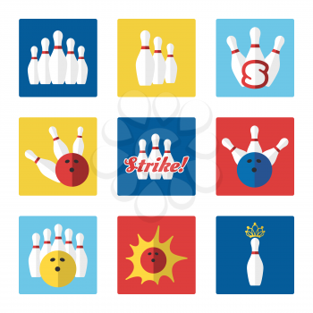 Bowling flat colorful icons set vector with ball and skittle