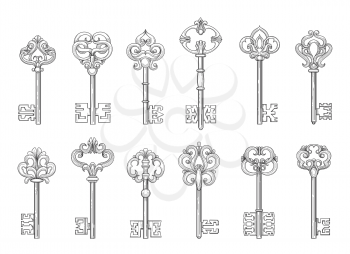 Vintage keys or victorian chaves line icons on white backgroud. Vector illustration