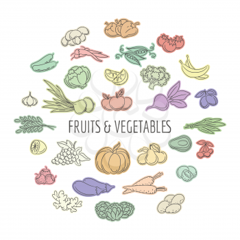 Fruit and vegetables doodles set. Vector hand drawing healthy food emblem