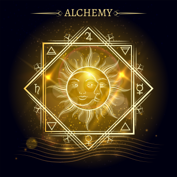 Alchemy elements and sun and moon on shiny background. Vector illustration