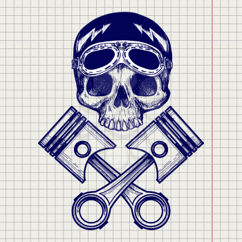Sketch of biker rider skull on notebook page background. Vector illustration