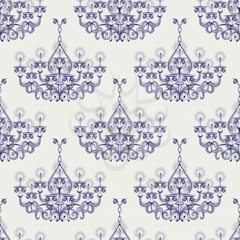 Antique gothic chandeliar seamless pattern in ball pen imitation style vector illustration