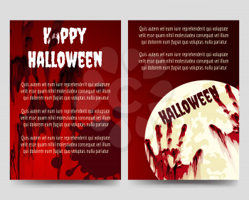 Halloween brochure flyer template with bloody handprints and moon. Vector illustration