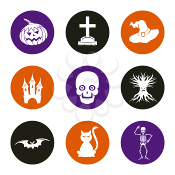 Halloween icons set with cat pumpkin headstone skull. Vector illustration