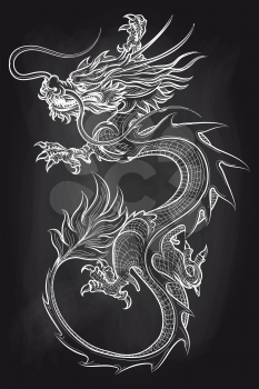 Chinese dragon on chalkboard backdrop. Hand drawn dragon vector illustration
