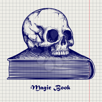 Ball pen sketch of human skull on book on notebook background. Vector illustration