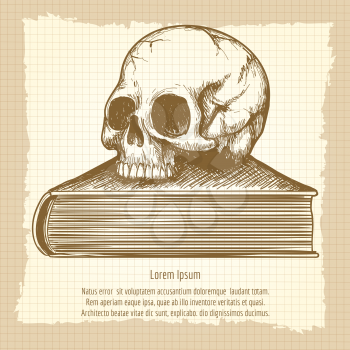 Sketch of human skull on book vector. Esoteric concept on vintage background