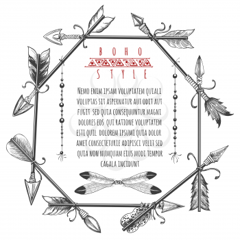Vintage barbarian arrows and feathers frame. Vector ornate native american arrows sketch border