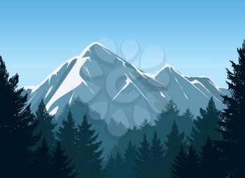 Mountains with pine forest and blue sky vector background