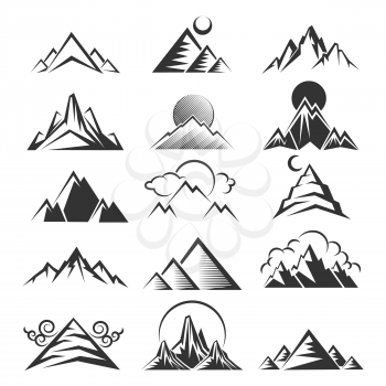 Vector mountain icons. Outdoor travel mountains black silhouettes on white background