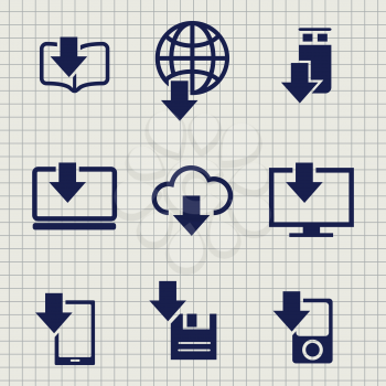 Different devices downloading data set icons on notebook background. vector illustration