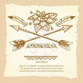 Vintage poster design with cross of arrows flower feathers and ethnic ornaments. Vector illustration