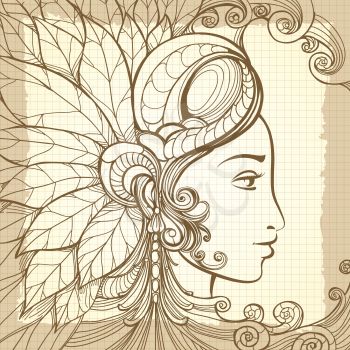 Zentangle woman face and decorative elements on notebook background. Vector illustration