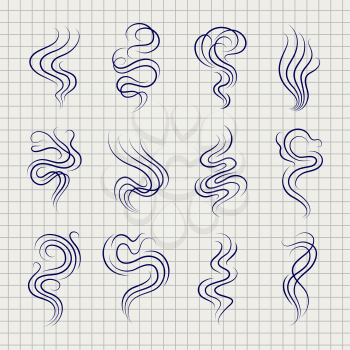 Smoke smell line icons on notebook page. Vector illustration