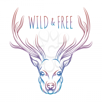 Hand drawn colorful deer and lettering sign wild and free. Vector isolated deer for prints stickers etc