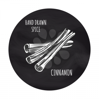 Hand drawn spice cinnamon in blackboard round. Vector cinnamon sketch icon design