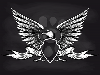 White and black american bald eagle with shield, wings and ribbon on blackboard background. Vector illustration