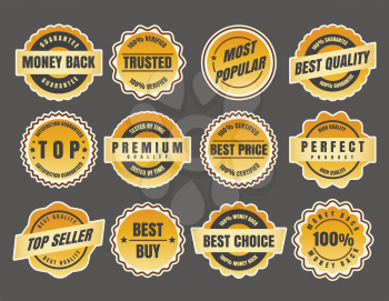 Warranty and guarantee labels. Money black stickers and best price emblems vector illustration