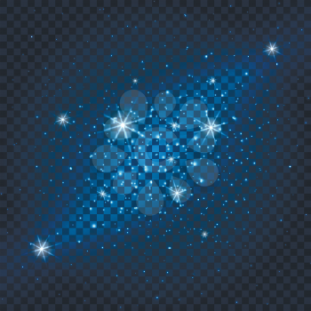 Galaxy sparkly blue background. Glamorous lights and particles on transparent background. Vector illustration