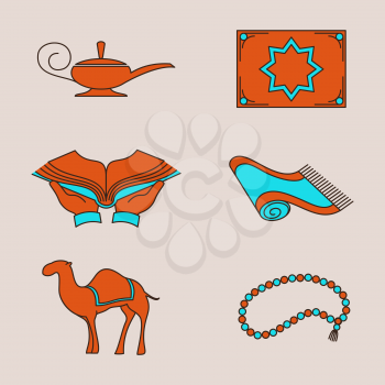 Arabic icons design. Vector colorful camel, carpet and aladdin lamp, book signs.