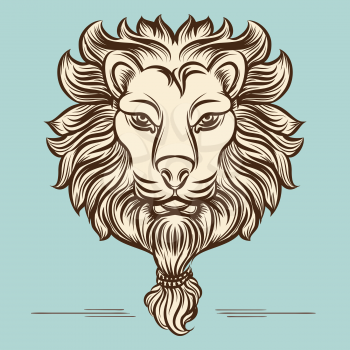 Vintage hand drawn lion print vector design on blue background