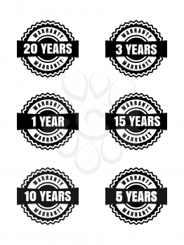 Black and white warranty labels set isolated on white background. Vector illustration