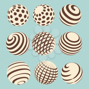 Halftone abstract spheres design with linear and dotted onament. Vector vintage beans icons on blue background