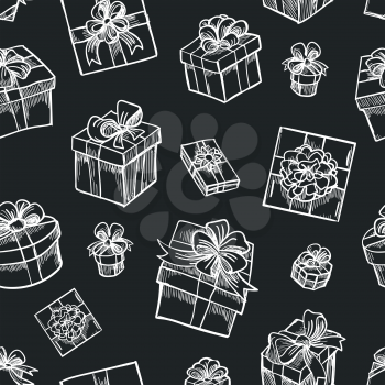 Vector hand drawn gift box seamless pattern. Sketch christmas gifts black background for present design