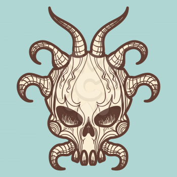 Vintage hand drawn monsters skull with horns, vector illustration