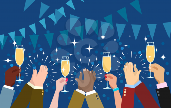 Cheering hands. Clapping and champagne toasting congratulations hands vector illustration