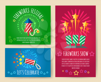 Pyrotechnics show posters. Fireworks, crackers and explosion effects party retro placards vector illustration