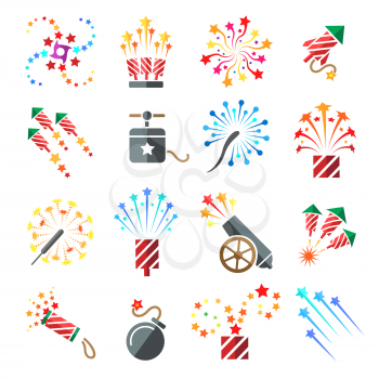 Pyrotechnic colored icons. Holiday sky fire crackers and cracker sparklers color firework rockets isolated on white background, vector illustration