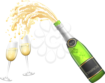 Champagne bottle and glasses. Opening champaign explosion pouring in crystal glass romantic concept vector illustration