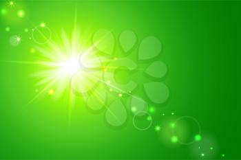 Vector illustration of green sunny background with sun and lens flare