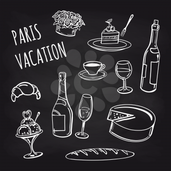Paris vacation food and drinks collection on chalkboard background. Vector illustration