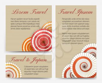 Traditional oriental asian invitation cards with chinese or japanese umbrella set vector illustration