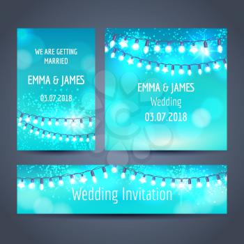 Set of invitation cards with christmas garlands on blue backdrop, vector illustration