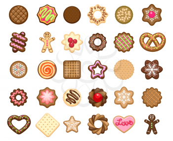 Christmas cookies icons and xmas biscuits desserts vector illustration. Tasty homemade holiday cookies bakery products