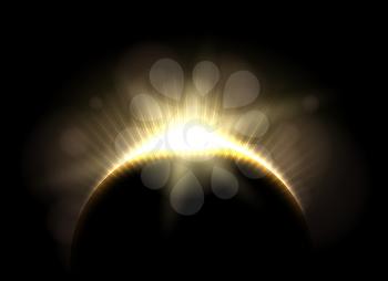 Beautiful astronomic solar moon eclipse, lunar earth total dark astronomical corona vector illustration