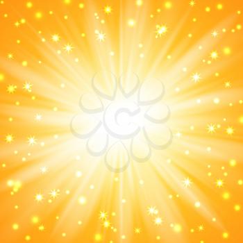 Yellow sunburst background with sparkles and rays, vector illustration